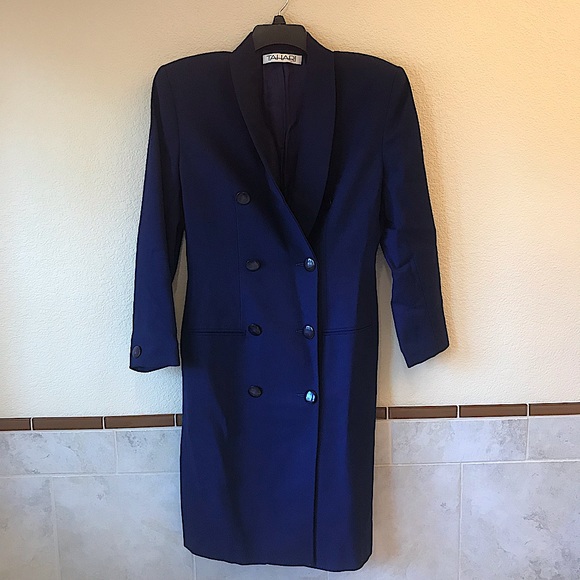 Tahari Wool Coat Womens Size 10 Dark Blue Double Breasted